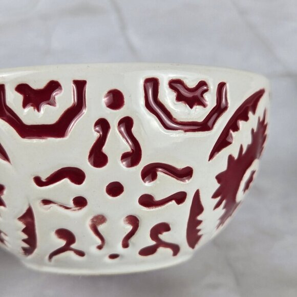 Set of 2 Small Turkish Bowls Red White Embossed Ceramic Trinkets Food Safe - Picture 6 of 7